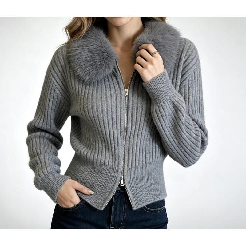 Suéter Cárdigan de Punto Holgado para Mujer con Cuello de Piel