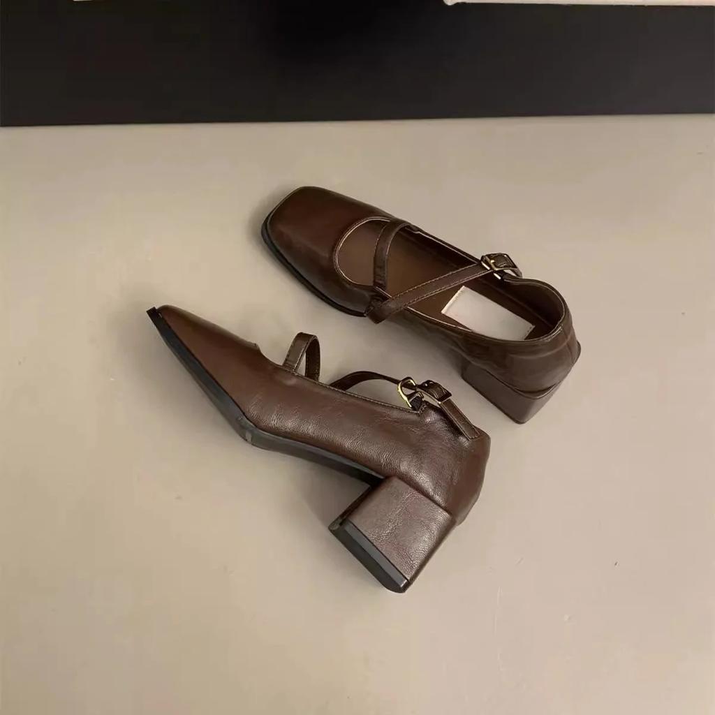 Coarse Heel Shoes Women's British Spring and Autumn New Single Shoes Women's French Retro Square Head High-heeled Hoes