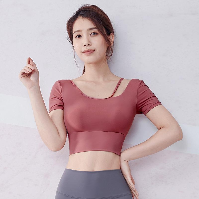 Women's Yoga Wear with Bra Pads, Pilates Tank Top, Short-sleeve T-shirt, Tight Quick-dry Short Fitness Top, Sleeveless