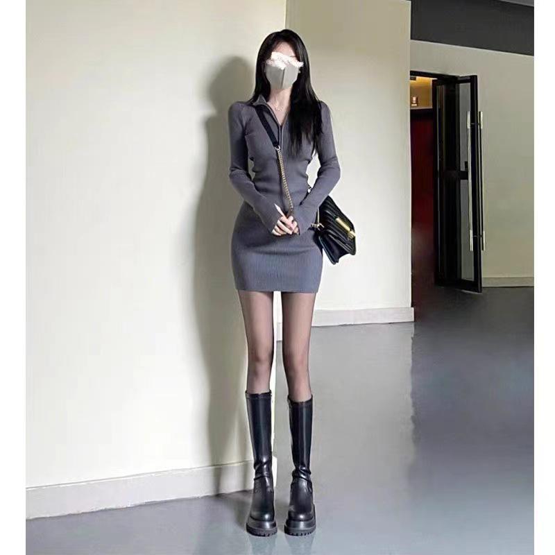 Women's Black Knit Sweater Dress - Slim Fit, Hip Wrap, Plus Size, Autumn/Winter