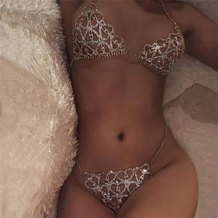 Rhinestones Body Chain Suit Heart Underwear Bikini Bra Chain Party Belly Waist Chains Jewelry Accessories for Women and Girls