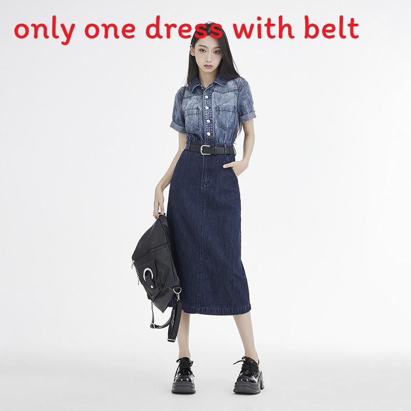Denim Dress With Gradient Color And Polo Collar For Summer Casuals