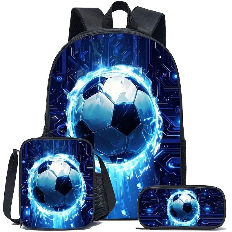 3Pcs Soccer Crown Number 7 Backpack Set,Football Print School Backpack with Lunch Bag and Pencil Case,Kids Sports Bookbag Set for Student Daily School