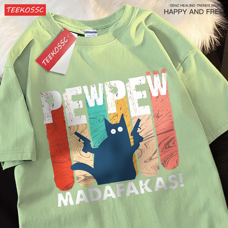 Pew Pew Madafakas Double Gun Cat Male T-Shirt Quality T Shirts Summer Oversized Short Sleeve Clothes Cotton Loose Street Tops