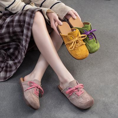 Mode GKTINOO 2,5 cm Ethnische Kuhveloursleder Echtes Leder Mode Hausschuhe Sommer Bequem Runde Zehenpartie Damen Ballerinas Freizeit Slip-on Schuhe