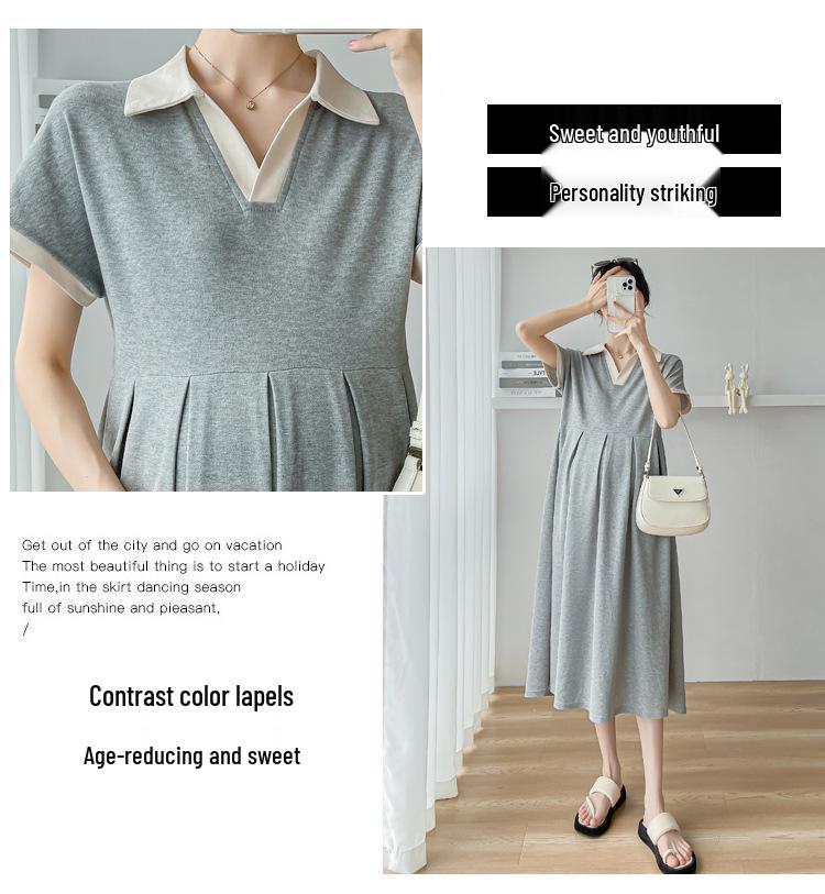 Neues Sommer-Colorblock-Umstands-Polokleid - Locker gefaltet, Bauchbedeckend, Große Größen