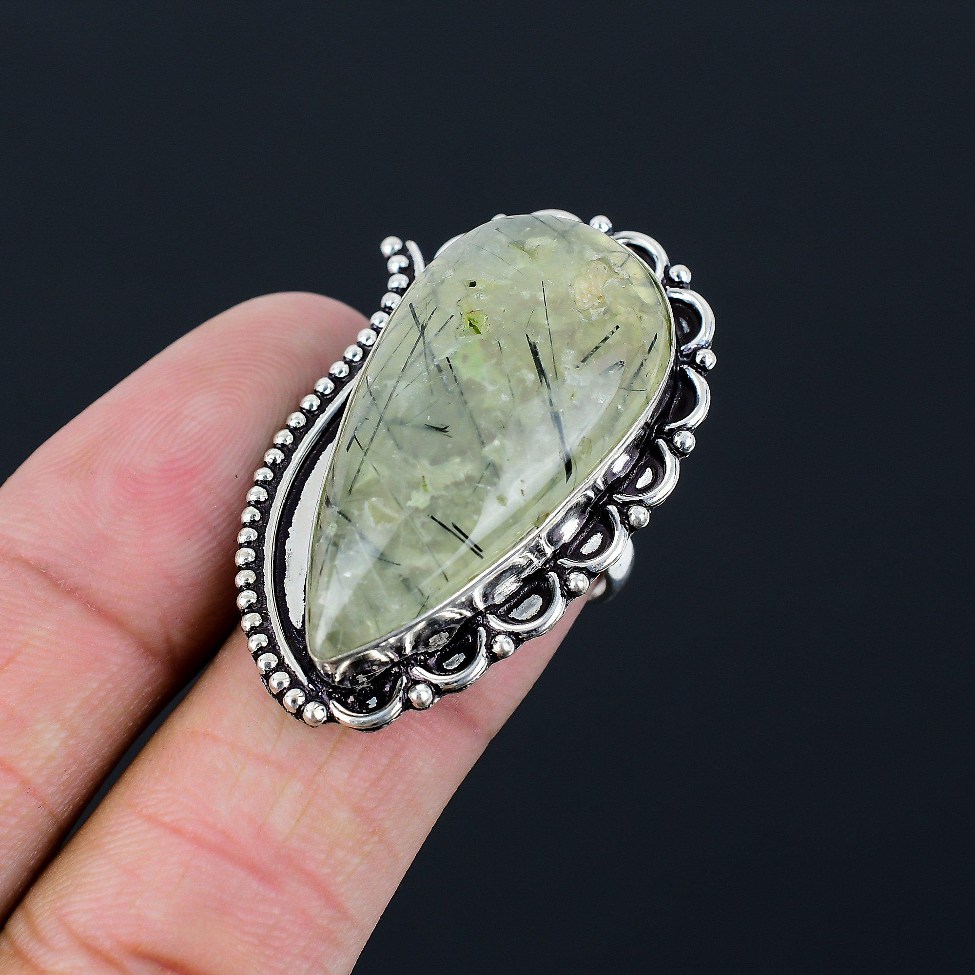 Daughters Day Deal Moss Prehnite Stone Statement Ring 925 Sterling Silver US 7.5 7.5