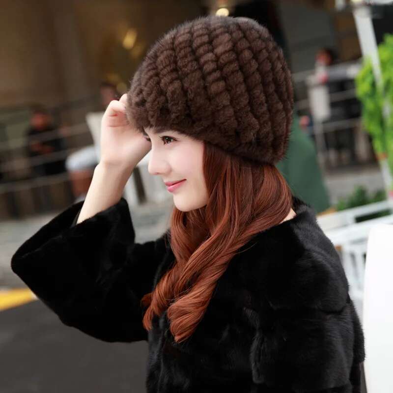 Mink Fur Hats For Women Fashion Ear Protection And Warm Natural Fur Knitted Hat Fluffy Fur Caps Ladies Black Fur Caps Winter Cap