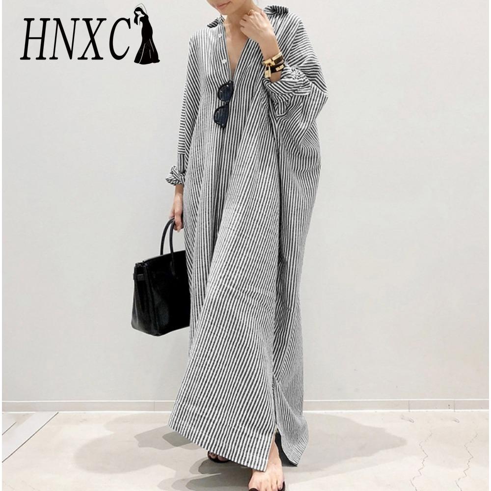 HNXC Korean Style Women Long Sleeve Button Down Striped Casual Maxi Shirt Dress