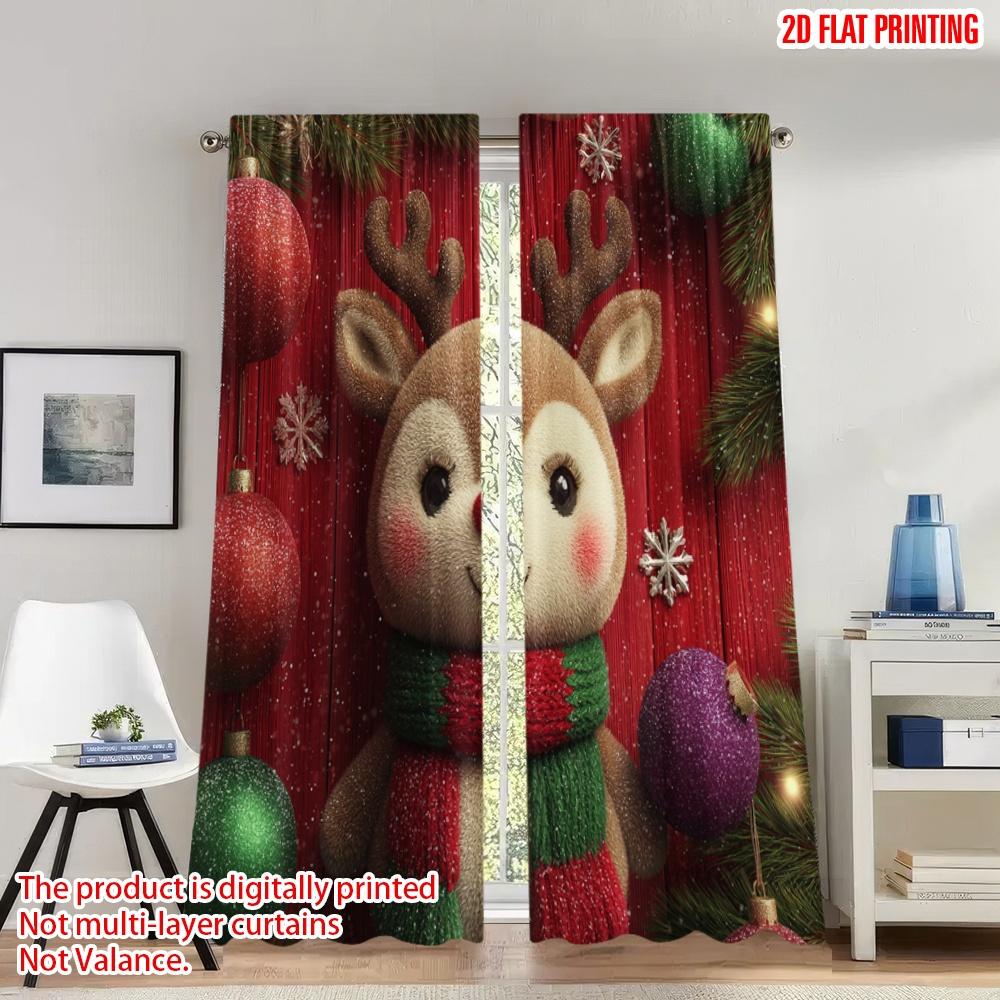 

Flat Printing Happy Christmas Fashion Curtains Reindeer Bauble Tree Digital Printed Polyester Drapes Festive Set Of 2 Made W100*H70(CM)-Rod Pocket&1PCS