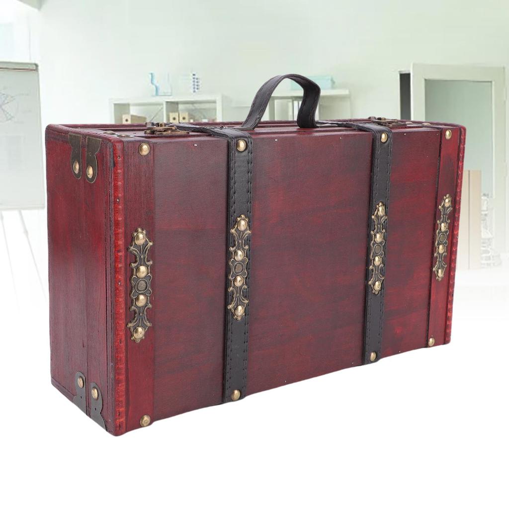 Wooden Vintage Suitcase Antique Decorative Storage Chest Travel Treasure Chest Box with PU Leather Handle for Weddings Keepsakes