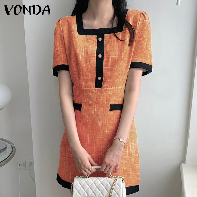 

VONDA Сращивание Цвет Летние Короткие Платья Короткие Рукава Пуговицы Повседневное Свободное Мини Платье Плюс Размер