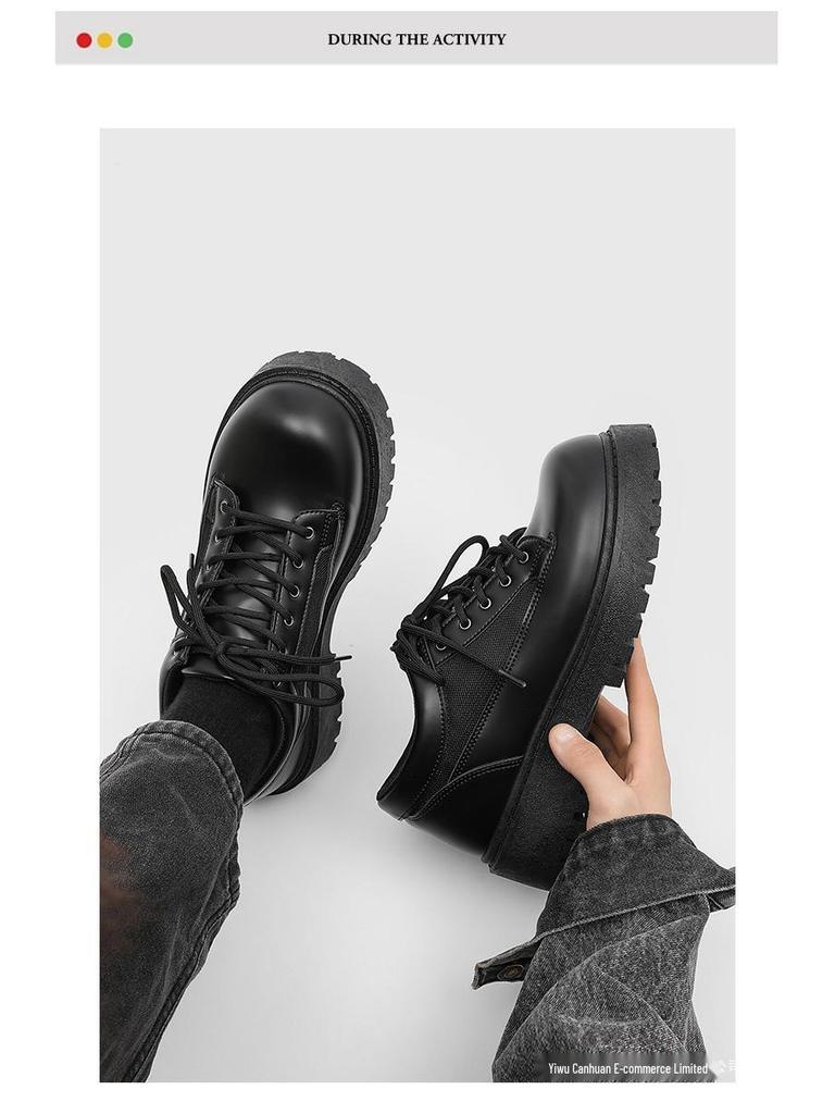 Men's British Style Height Increasing Derby Shoes - Black Leather, Thick Sole, Casual or Wedding Wear