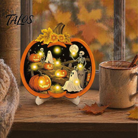 Rustic Wooden Pendant Halloween Pumpkin Sign, LED Light Up Ghost Hanging Gothic Home Accessories Wall Sign for Indoor Outdoor Holiday Party Decor Art