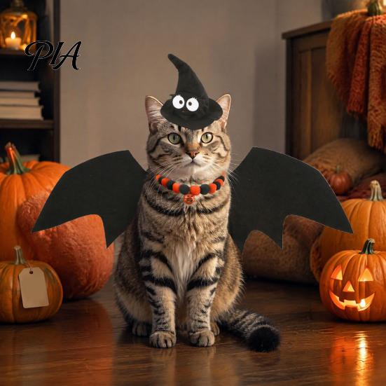 Cute Animal Party Decorations Halloween Cat Costume, Pet Bat Wings, Funny Witch Hat, Felt Holiday Gift for Lovers Festive Apparel Cats Small