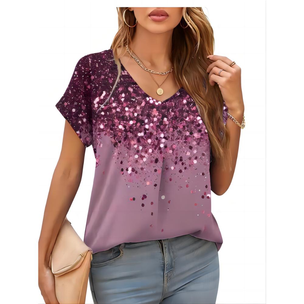 2026 New Summer Women T-shirt 3d Fashion Print Gradient Harajuku T Shirt Oversized Tee For Ladies Clothing New Short Sleeve V-Ne