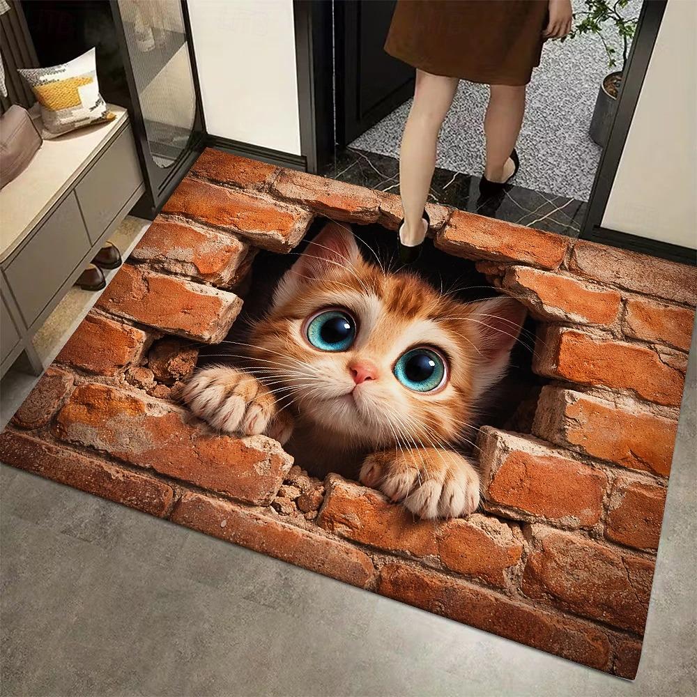 3D Illusion Kitten Doormat 2D Print of Cat Peeking Through Brick Wall for Playful Whimsical Entryway Rug Perfect for Cat Lovers