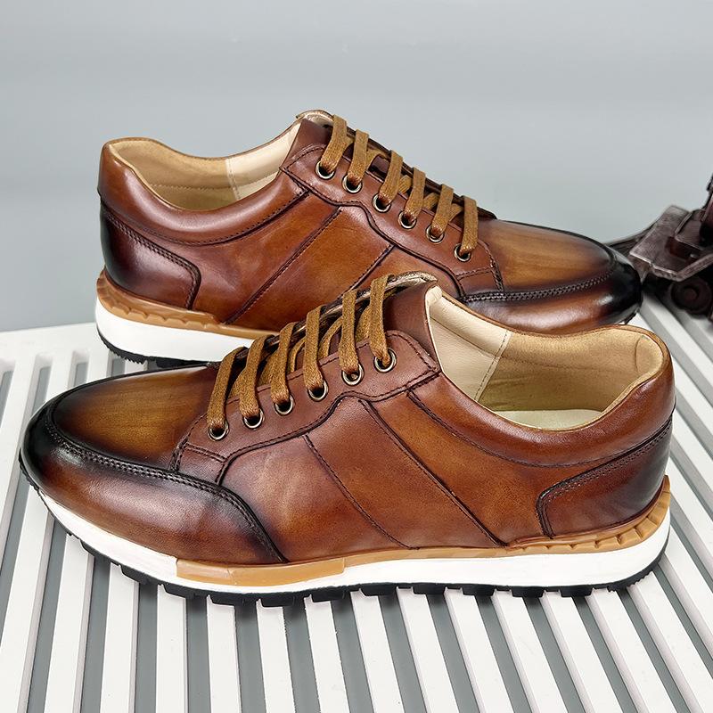 Handmade Mens Oxford Sneakers Genuine Leather Lace-Up Men Casual Leather Shoes Outdoor Daily Walking Flat Footwear