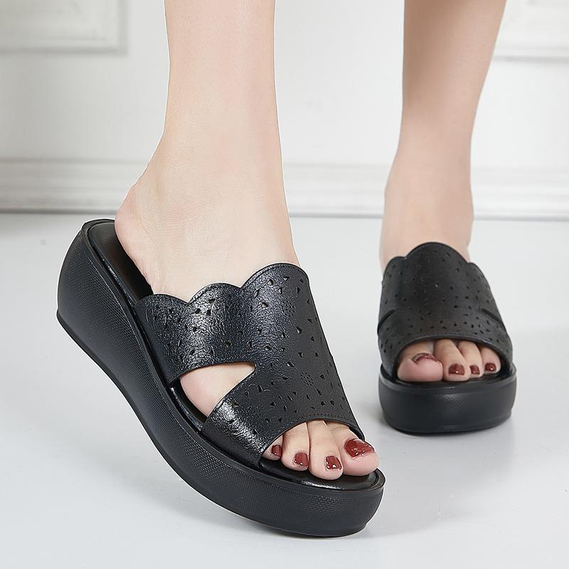 Fashion GKTINOO Summer Slippers Female Fashion Genuine Leather Wedges Heel Soft Sole Hollow Open Toe Mom Shoes Platform Ladies Sandals