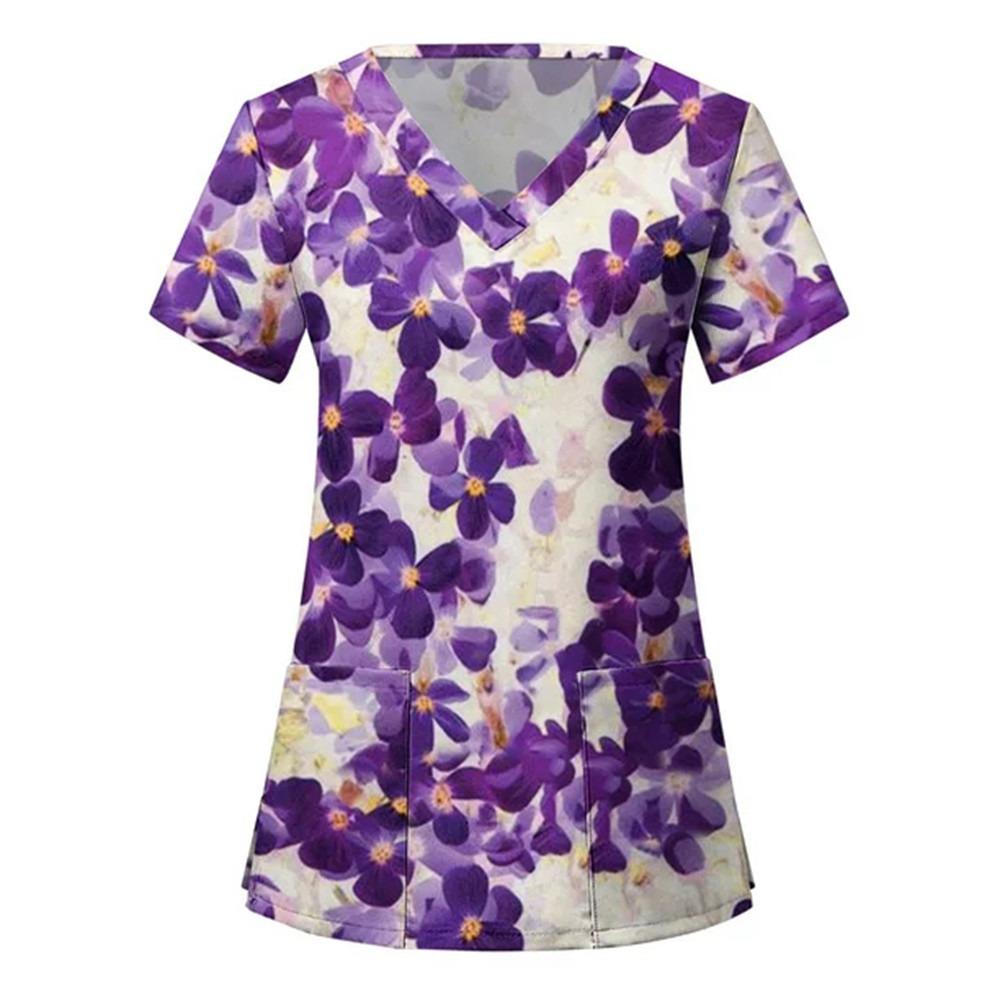 Women Nurse Uniform Floral 3D Print Tops V-Neck Pocket Medical Uniforms Nursing Short Sleeve T-shirt Tops Working Clothes