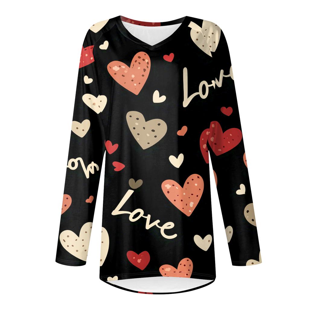 Women's Fashionable Casual Long,Sleeved Valentine's Day Print V,Neck Mid,Length Top