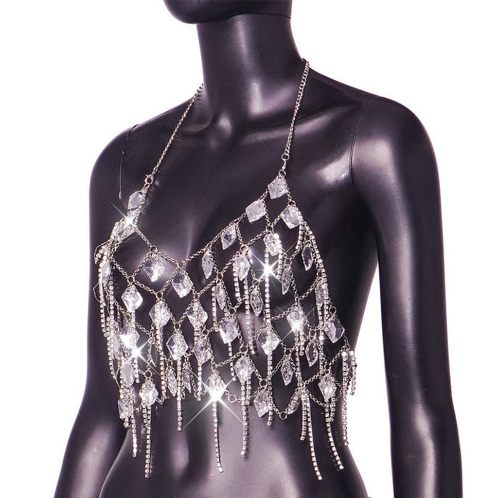 Popular Body Chain Tassels Gemstone Bikini Bra Chains Chest Chain Bra Lustrous Body Jewelry for Female Night Club Suit