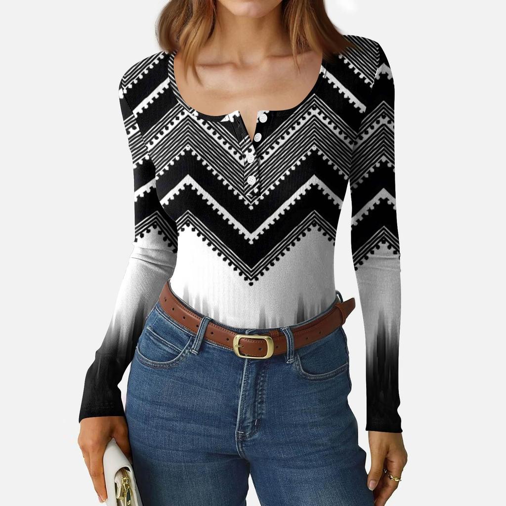 Women's Slim Bottom T-shirt Fashion Casual Gradient Printing Round Neck Pullover Long Sleeve Top