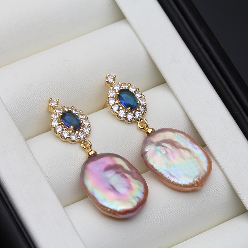 Genuine Baroque Pearl Earrings for Women,Zircon 18k Gold Plated Pearl Earrings Mother Wife Christmas Gift White Purple
