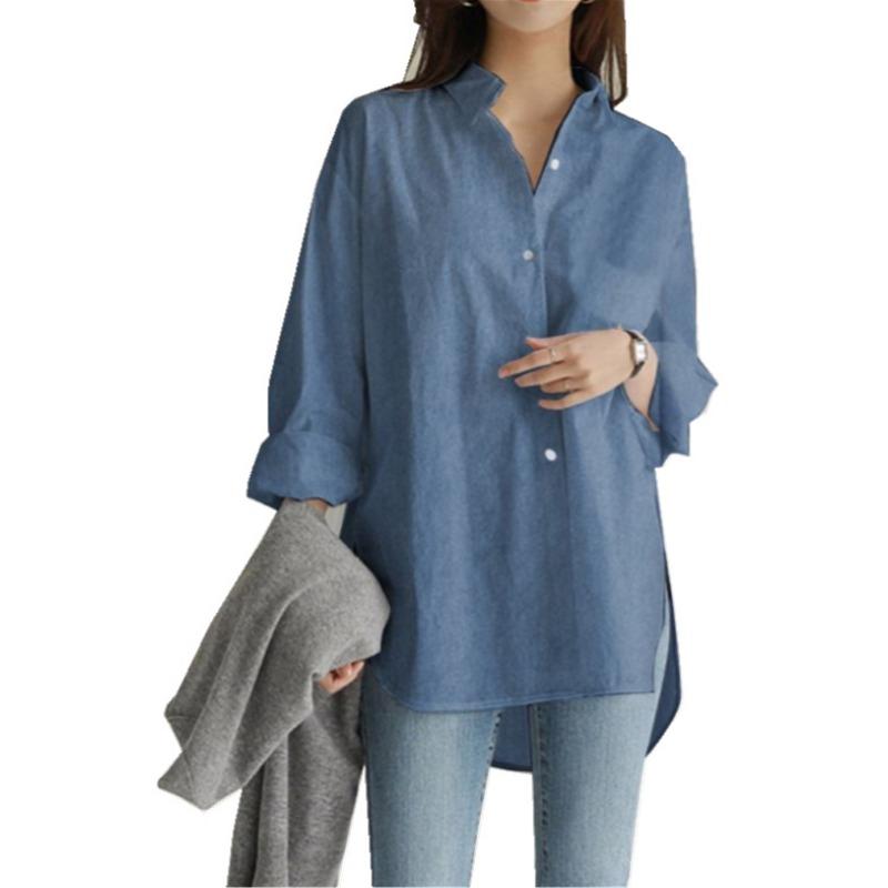 Women Solid Color Button Down Shirt Loose Long Sleeve Casual Blouse