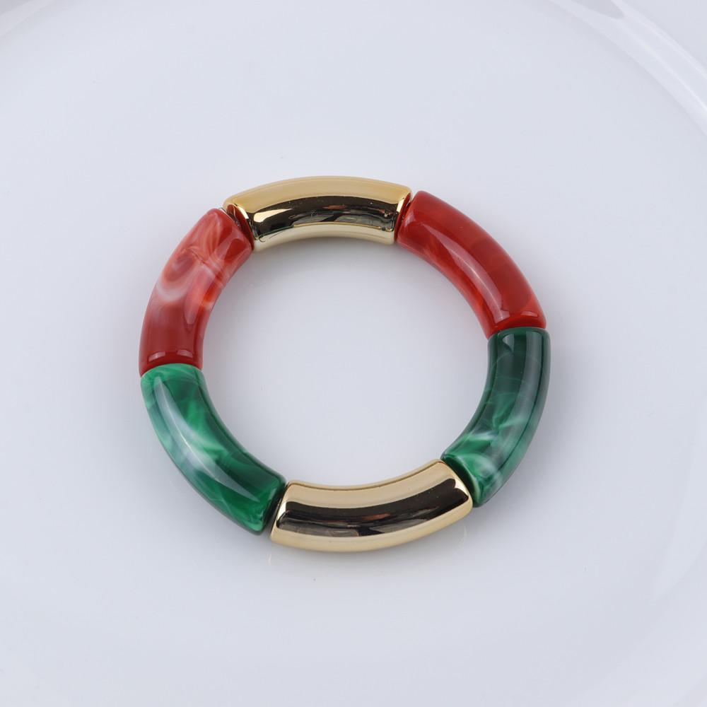 New Mixed Gold Color Tube Beads Acrylic Bracelets Bangles for Women Men Stretch Bamboo Curved Resin Bracelet Stack Jewelry Gifts