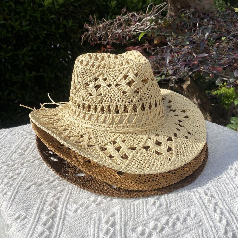 Handmade Straw Hat Women Men Summer Classic Vintage Hollow Out Western Curled Wide Brim fashion Sun Hat Cowboy Hats Climbing Cap