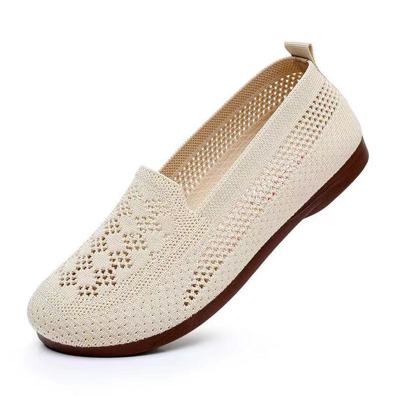 2026 Woman's New Summer Mesh Hollow Flat Sole Casual Shoes Soft Sole Non Slip Breathable Slip-On Mom's Nude Shoes Elderly Shoes