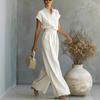 Women's Collared Short Sleeve Top Wide Leg Pants Set Loose Fit Casual Two Piece Outfit