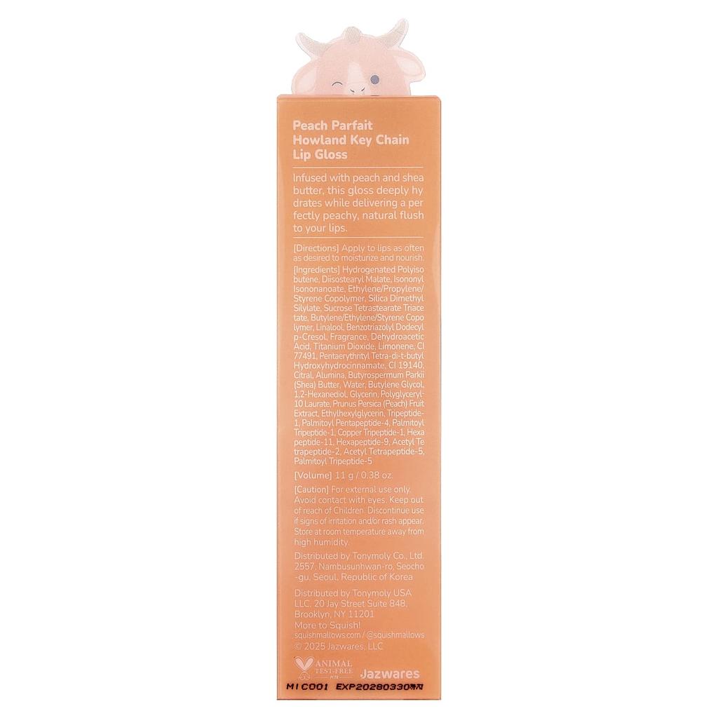 TonyMoly, Original Squishmlows™, Howland Keychain Lip Gloss, Peach Parfait, 0.38 oz (11 g)
