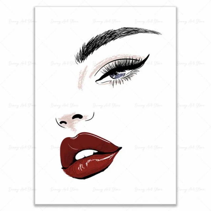 Fashion MakeUp Lipstick Mascara Nail Polish Canvas Painting Beauty Salon Poster Eyelash Red Lips Girl Wall Art Home Decor