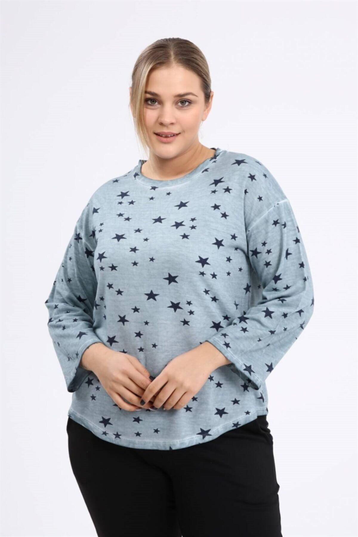 

Women s Style Big Size Sweatshirt Star Printed Oil Wash Sweat Light Blue XL