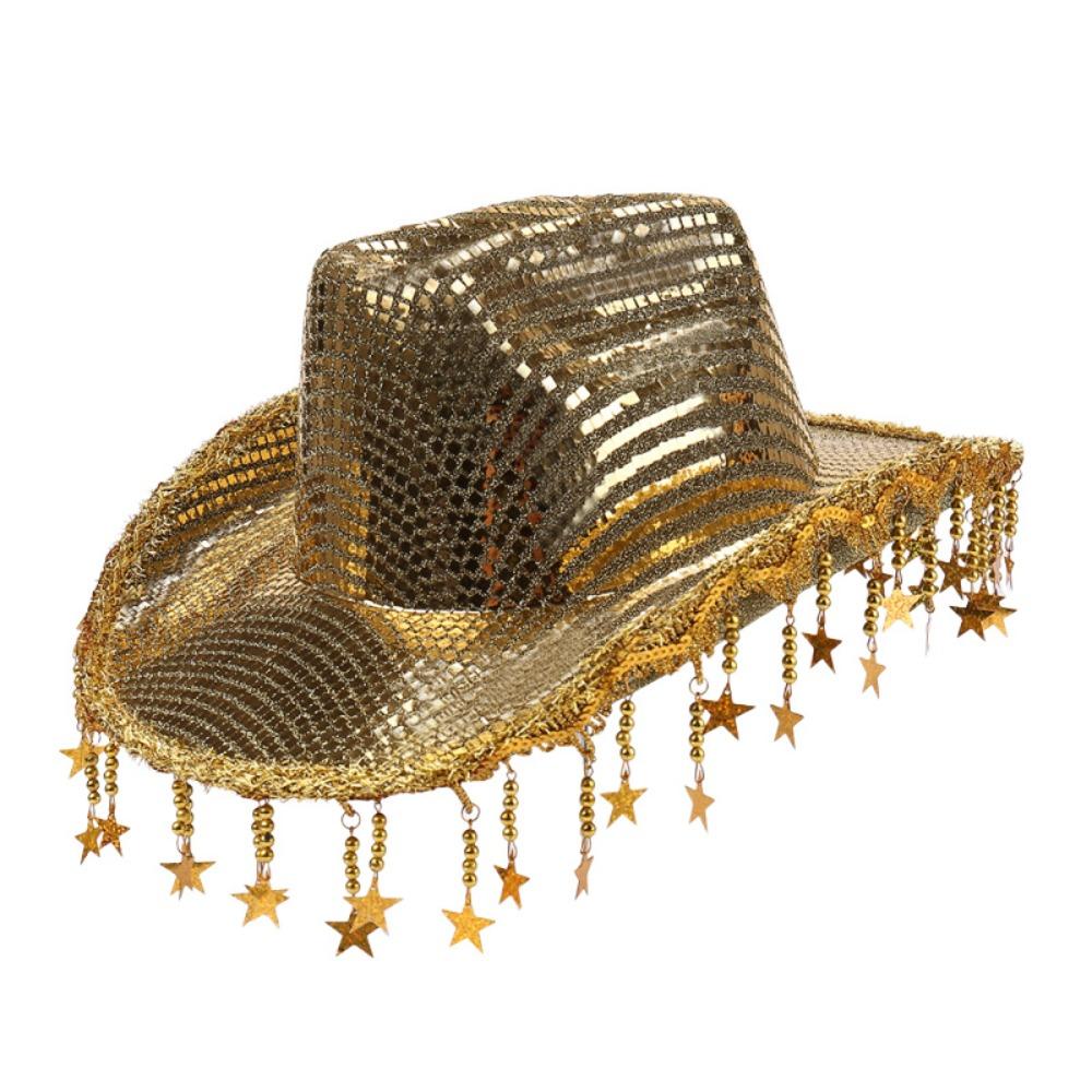 Vintage Shiny Sequin Western Cowboy Hat Gold Sparkle Glitter Jazz Hat Cap Wide Brim Summer Hat Costume Accessories