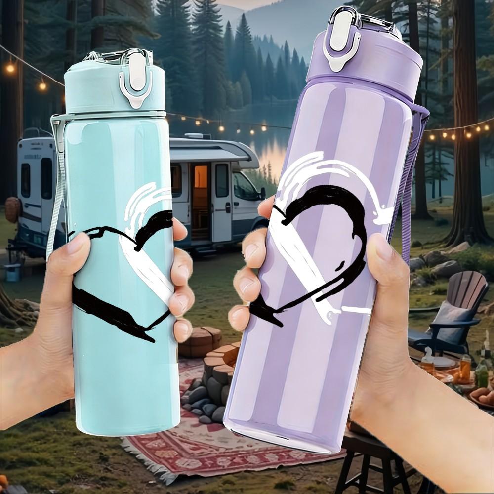 1PC Hand Drawn Sketch Heart Print 750ml Color Plastic Sports Water Bottle Leakproof Flip Straw Lid Suitable for Sports Office Home Use