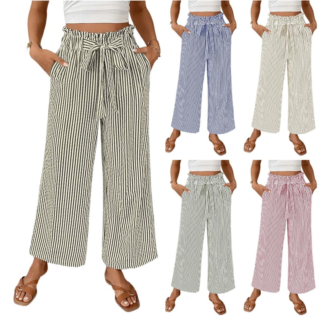 Women's Fashionable Striped Strap Pocket Elastic Waist Straight Leg Casual Pants