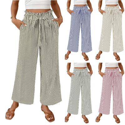 Damen Modische Gestreifte Riemen Tasche Elastische Taille Gerades Bein Lässige Hose