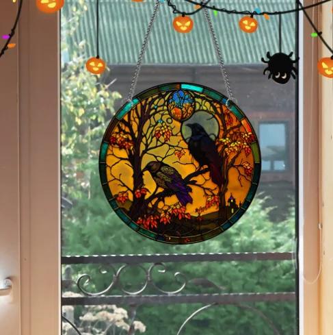 Black Cat Crow Acrylic Round Plate Home Halloween Window Wall Decor Creative Craft Pendants Creation Pendant Retro Decoration