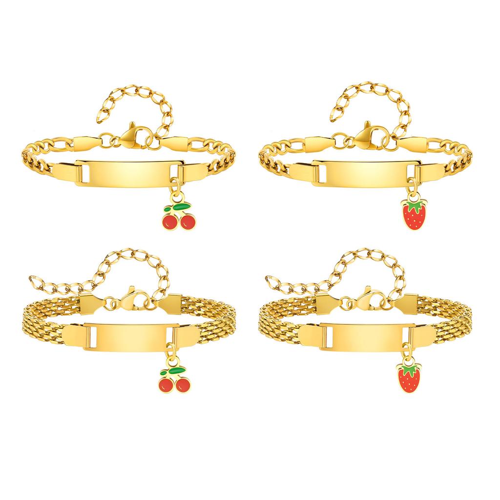 Personalized Customized Name Bracelet for Girl Boy Children, Strawberry Cherry Pendant Stainless Steel ID Bracelet for Kids