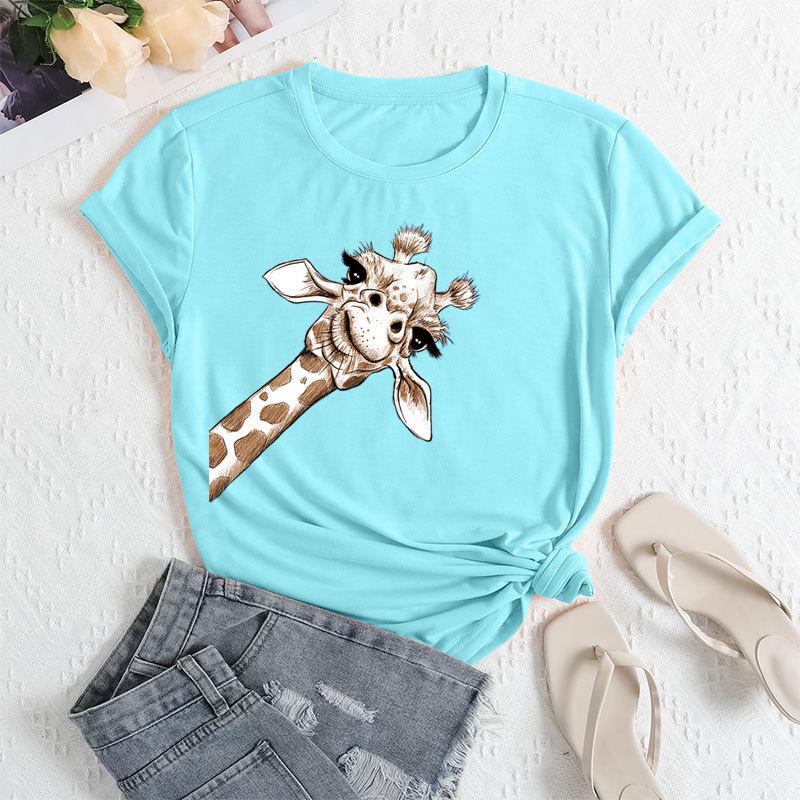 Summer Women's Plus Size Giraffe Print Loose Round Neck Casual Pure Cotton Short Sleeved T-shirts Women's