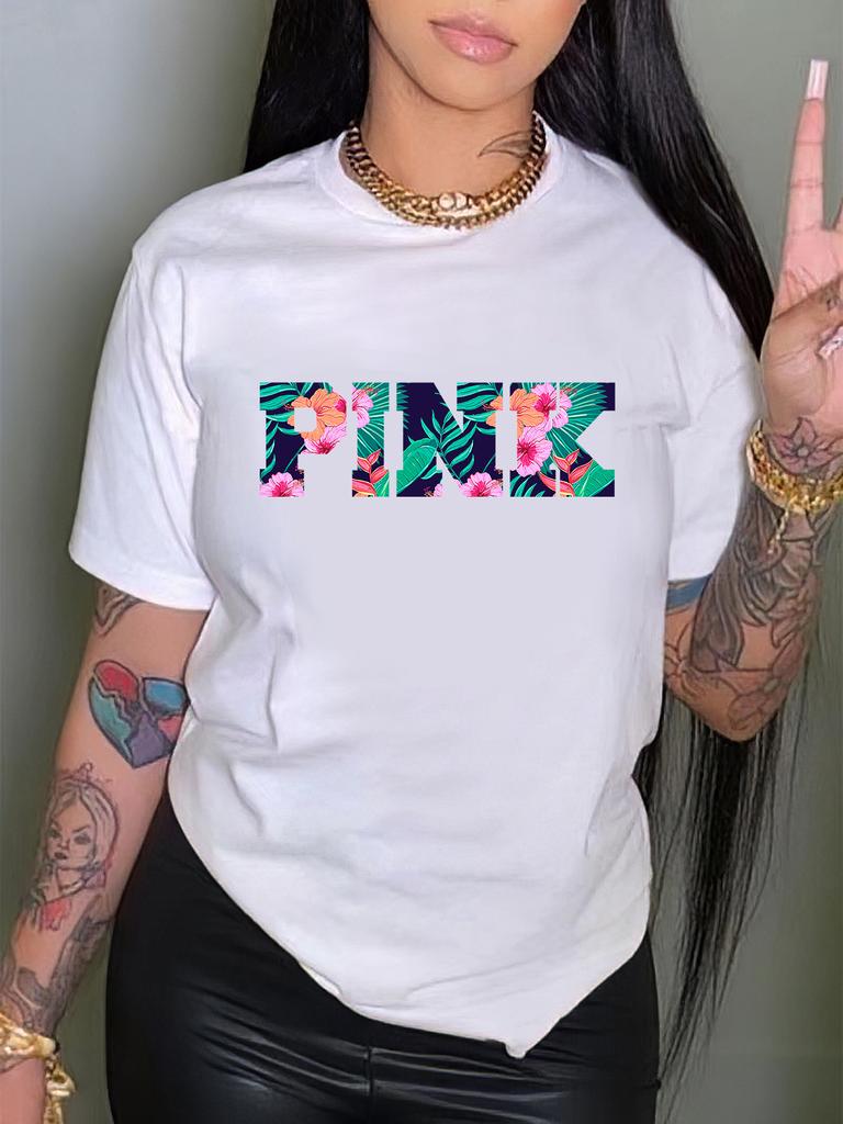 Plus Size Casual T-shirt, Women's Plus Tropical Letter Print Short Sleeve Round Neck Medium Stretch T-shirt