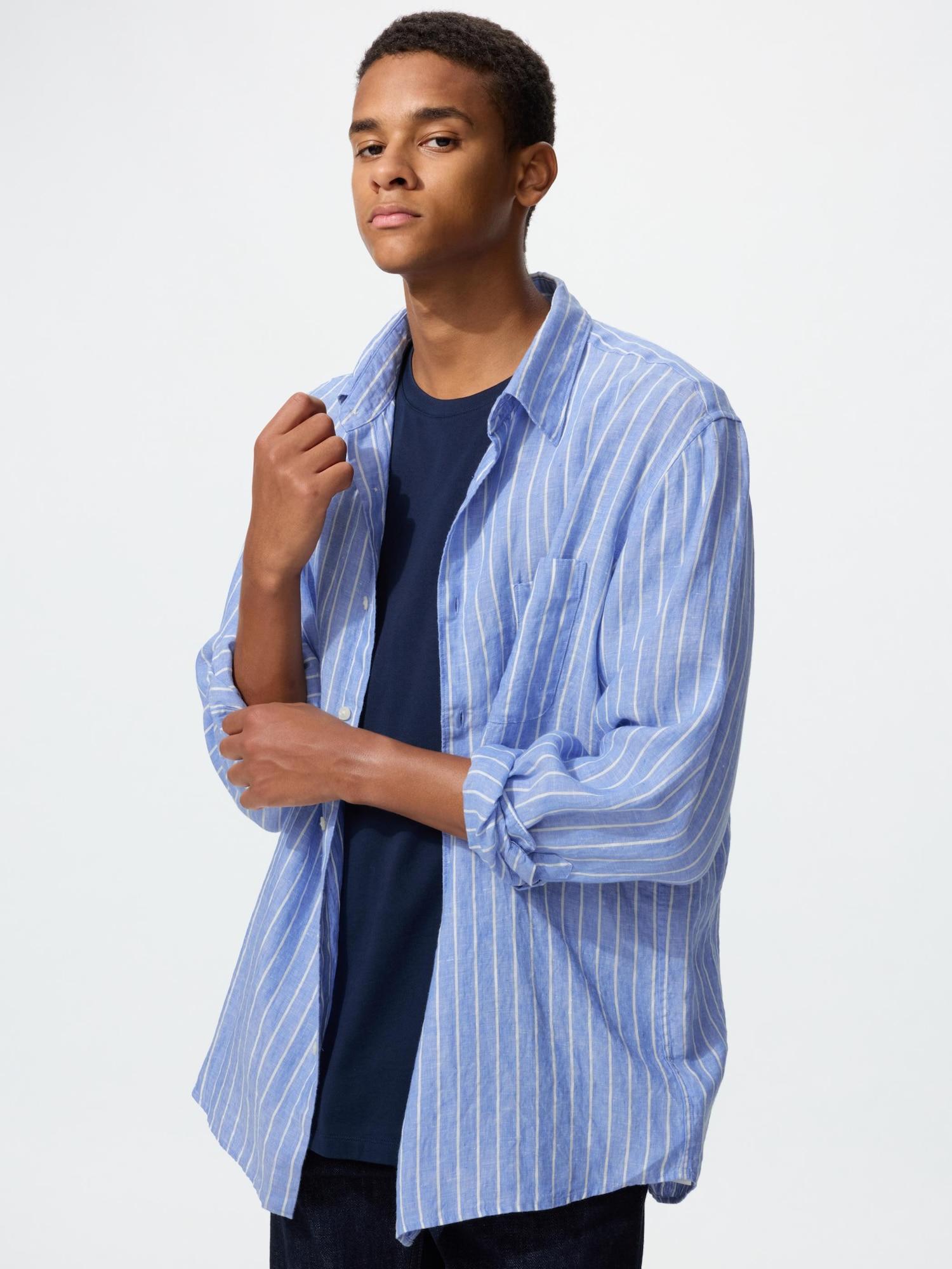 Uniqlo Япония Премиальная льняная рубашка в полоску 64 BLUE/XS