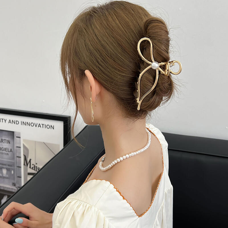 Metal Block Pearl Ribbon Updo Hair Clip Gold 1P