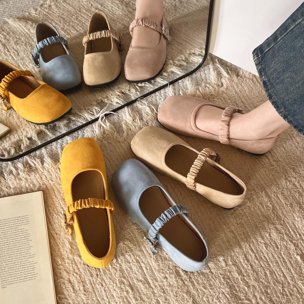 Retro square head shallow mouth single shoes women's spring new French suede gentle fairy soft flat Mary Jane shoes