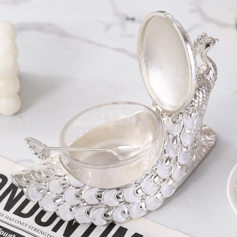 Sugar Bowl Seasoning Jar,Silver Peacock Shape Alloy With lid,Coffee Beans Container,Sugar and Dairy Storage Pots,Kitchen Tools