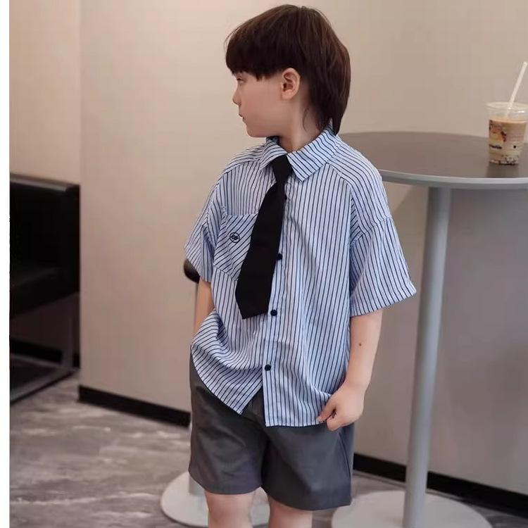 Boys Summer Striped Short Sleeve Shirt Preppy Casual Dress Shirt