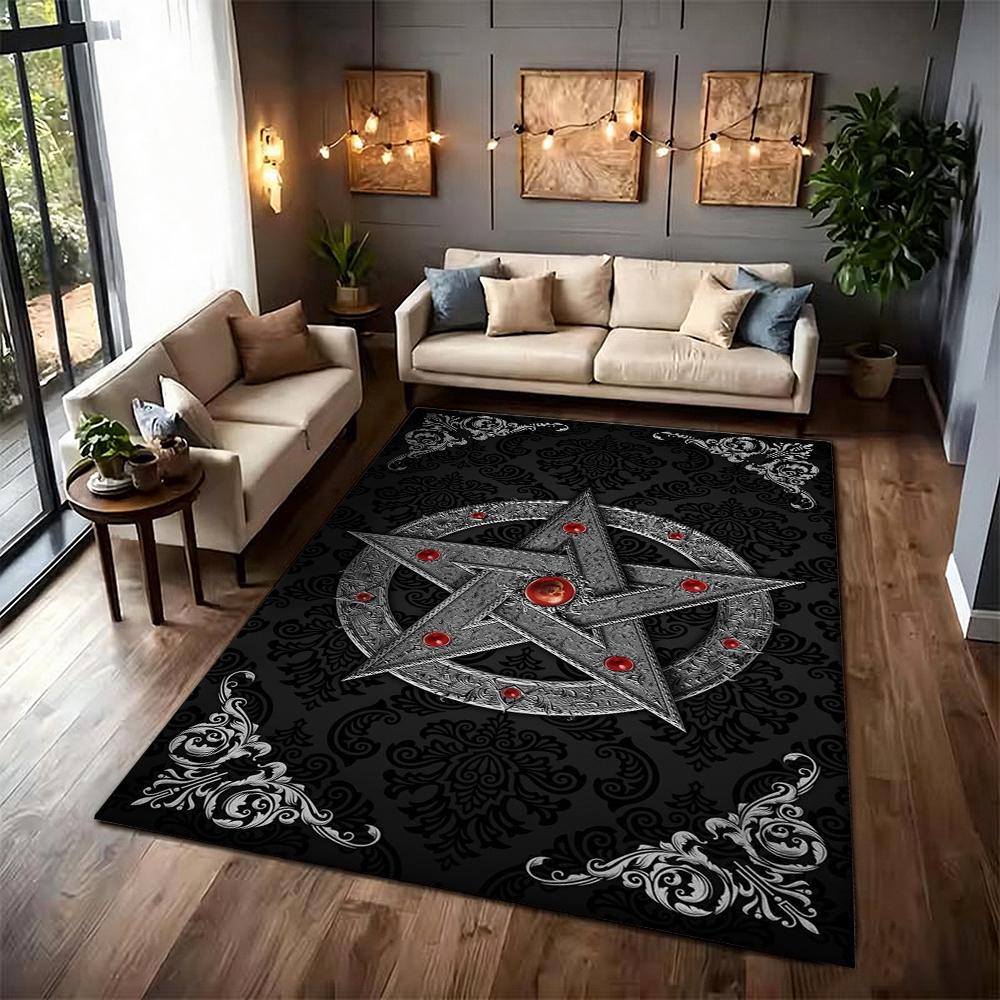 Dark Gothic Pentacle Ruby Accents Patterned Rug Nonslip Thick Carpet For Living Room Bedroom Hallway Home Decor Birthday Gift